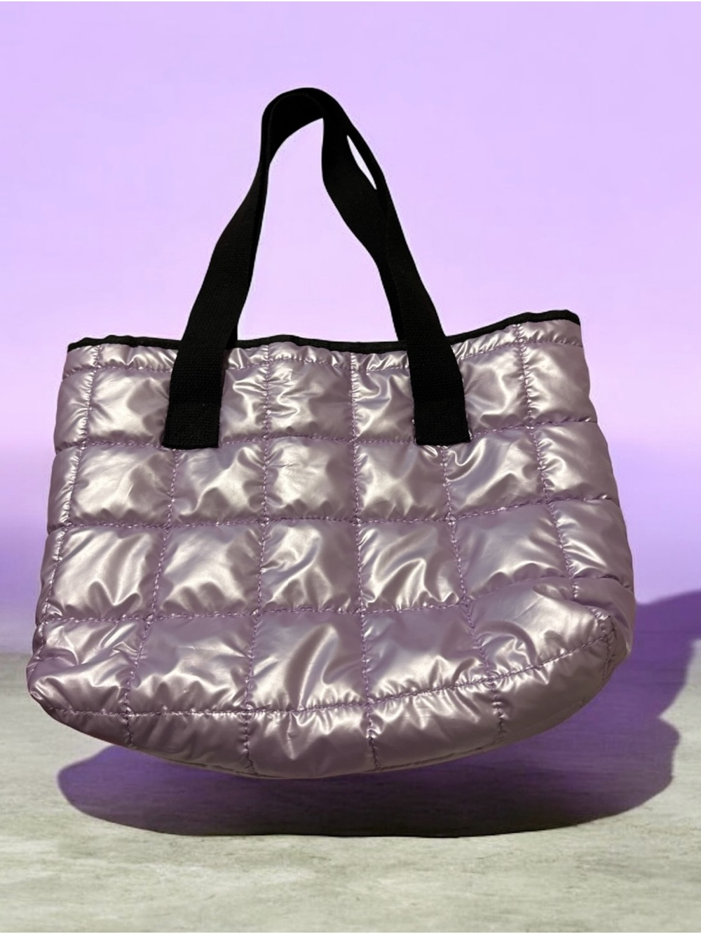 Quilted Metallic Lavender Tote Bag with Black Handles
